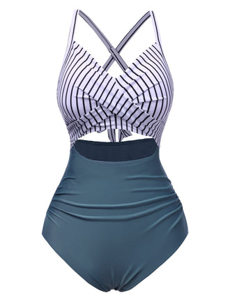 Costumi intero a righe cava patchwork blu anni '40