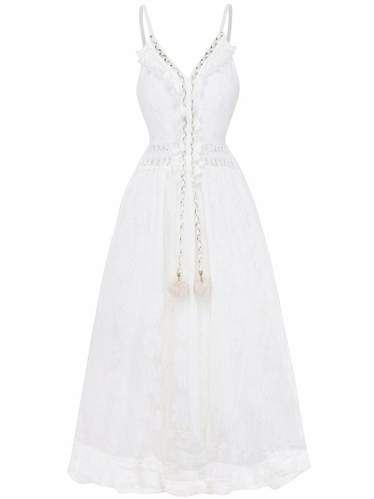 Abito lungo in pizzo boho con scollo a V bianco anni '70