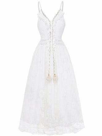 Abito lungo in pizzo boho con scollo a V bianco anni '70