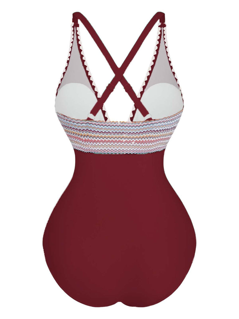 Costumi intero con patchwork ondulato e scollo a V anni '40