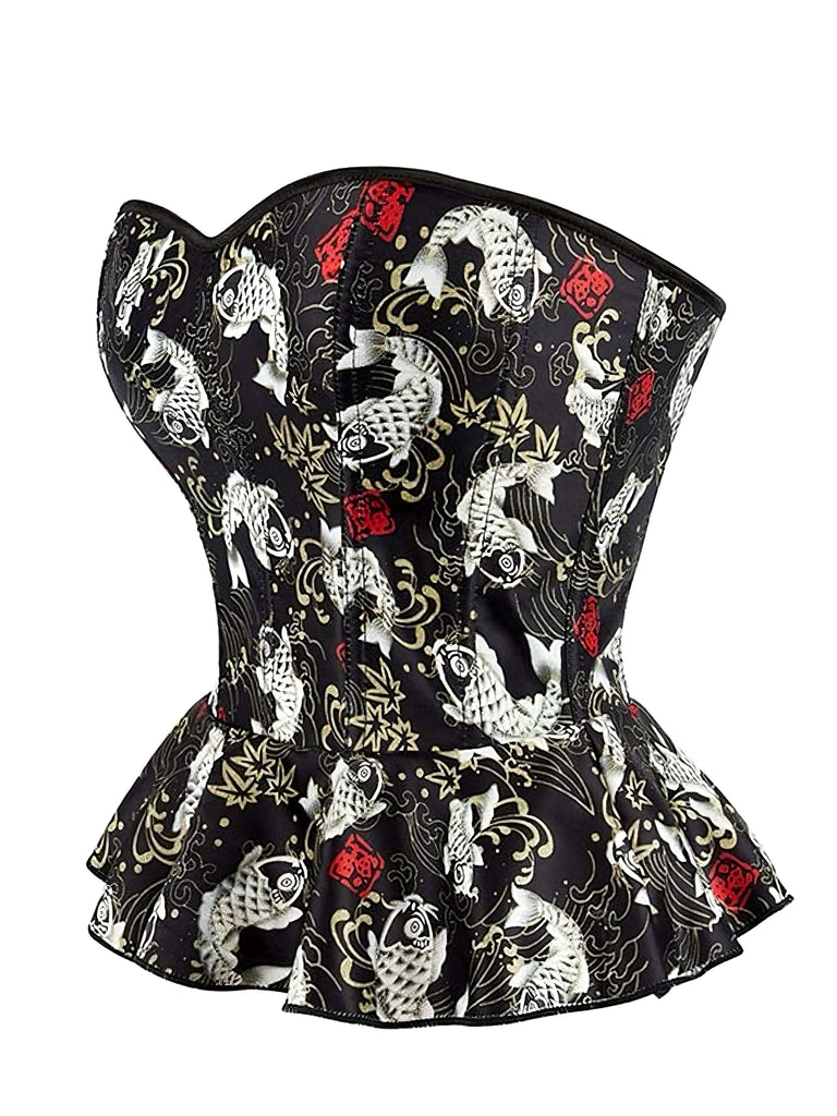 Corsetto stampa pesci koi con volant senza spalline nero anni '70