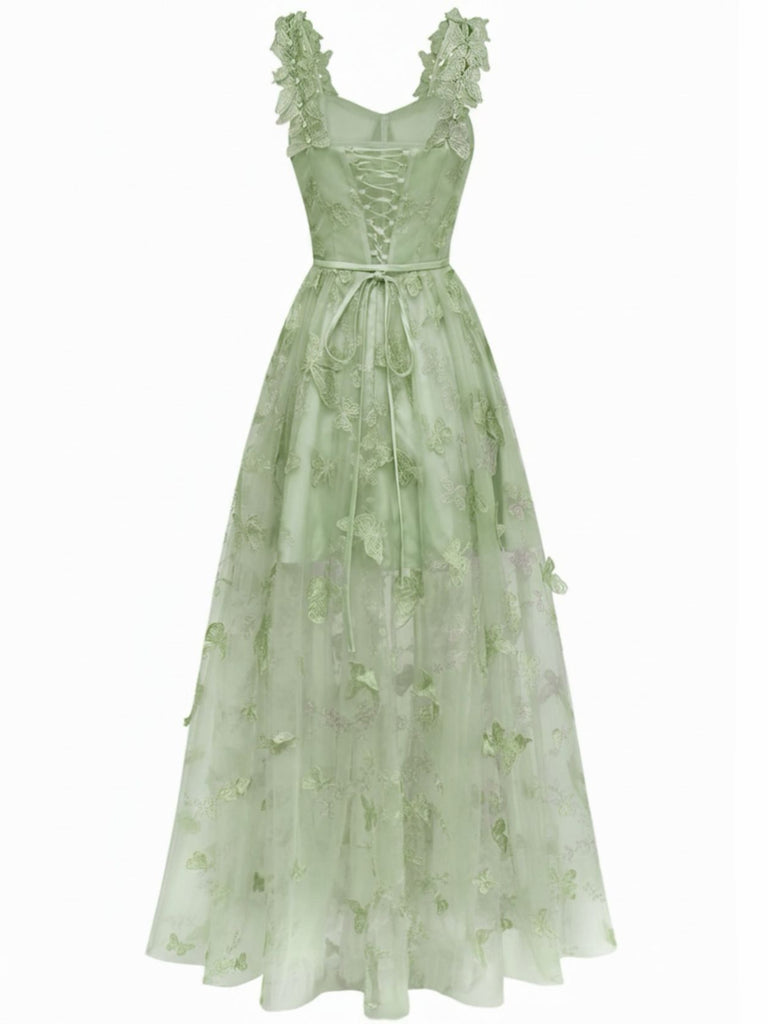 Abito lungo farfalle 3D in rete con spalline sottili verde anni '30