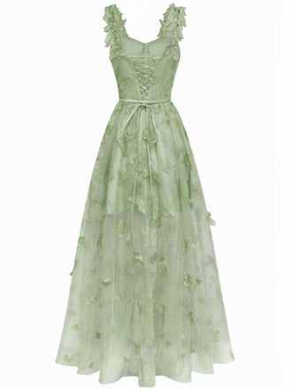 Abito lungo farfalle 3D in rete con spalline sottili verde anni '30