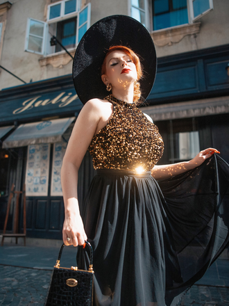 Abito con glitter oro patchwork nero anni '50