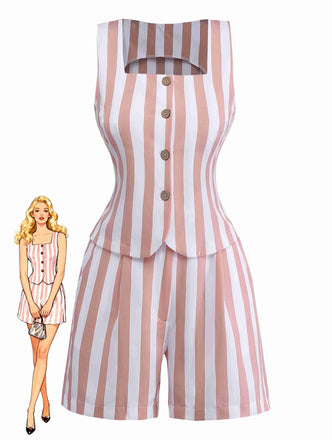 2pcs Gilet a righe con scollo quadrato e pantaloncini cachi anni '60