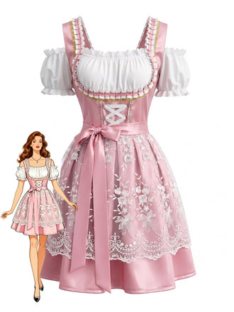 2PCS Abito Rosa Anni '50 con Spalle Scoperte a Sbuffo e Grembiule Ricamato in Pizzo