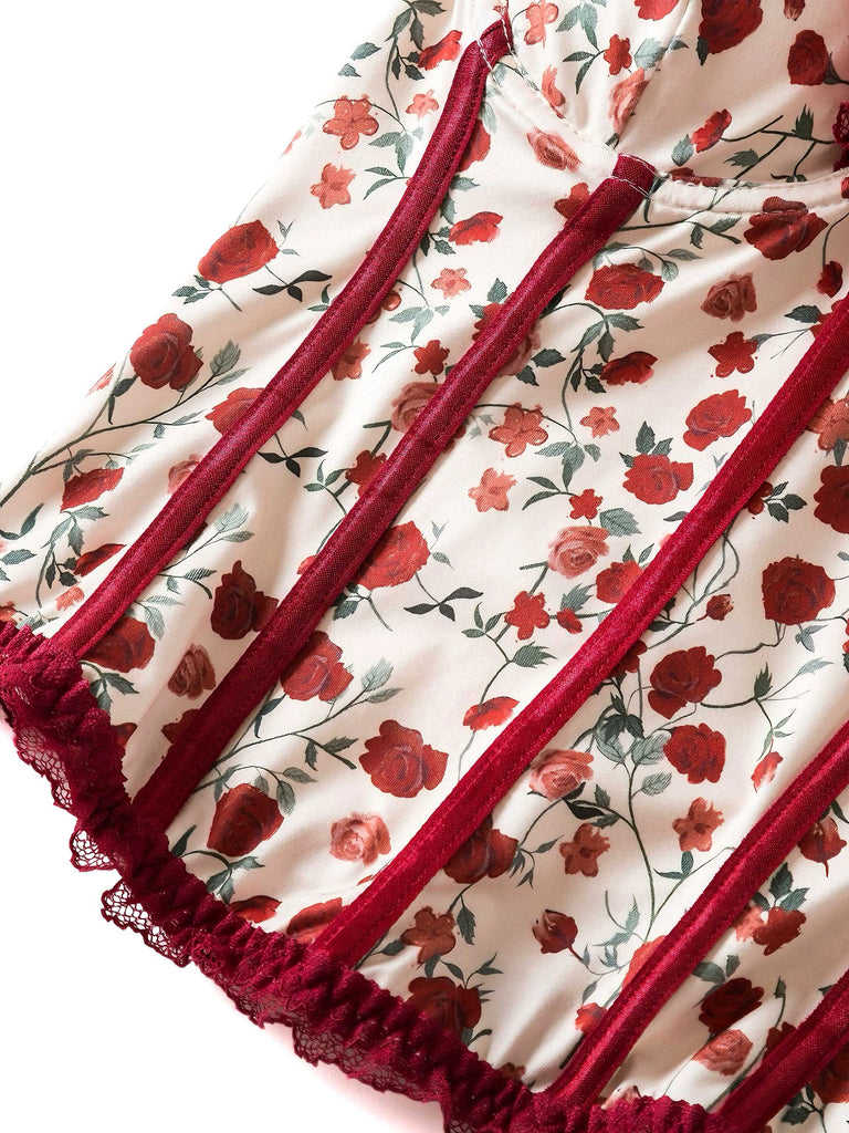 Corsetto senza spalline in pizzo con rose rosso anni '70