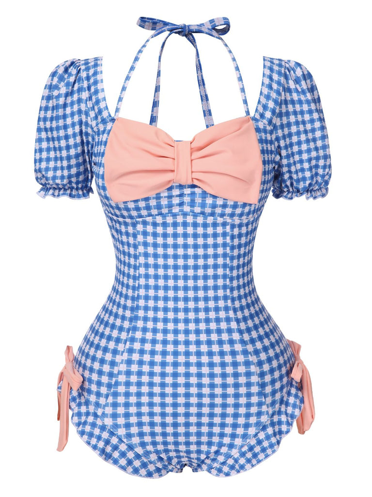 Costumi intero plaid con fiocco e maniche a sbuffo anni '50