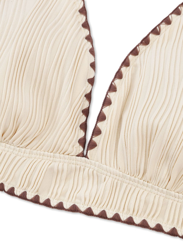 Set bikini beige e marrone anni '50 a costine con scollo all'americana