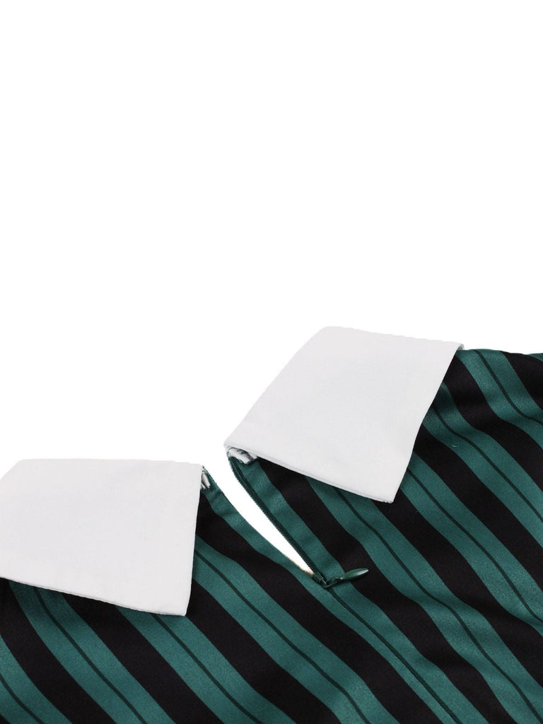 Abito a righe con colletto revers verde anni '50