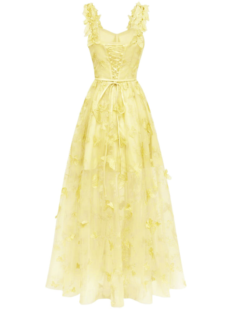 Abito lungo farfalle 3D in rete con spalline sottili verde anni '30