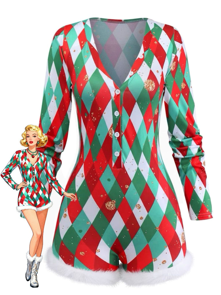 Tuta corta natalizia con orlo grezzo a griglia di diamanti anni '70