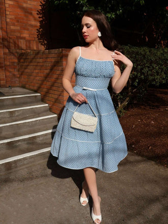 Abito azzurro a pois con cinturini anni '50
