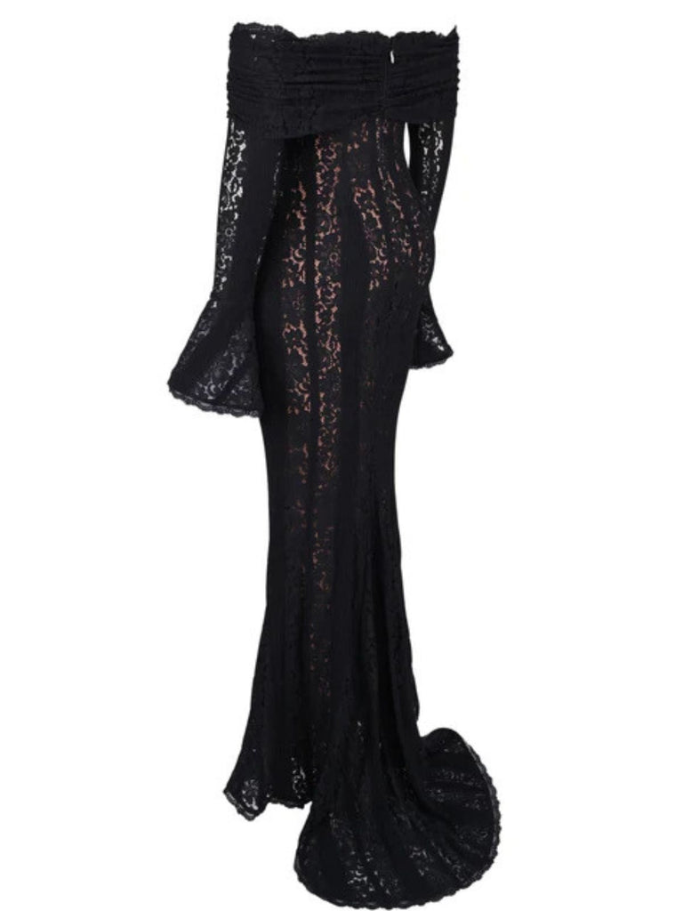 Abito a sirena con maniche svasate in pizzo e spalle scoperte anni '30