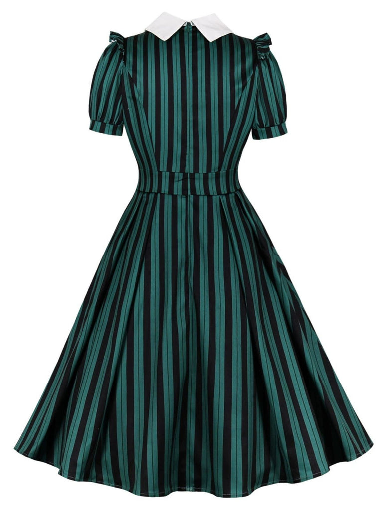 Abito a righe con colletto revers verde anni '50