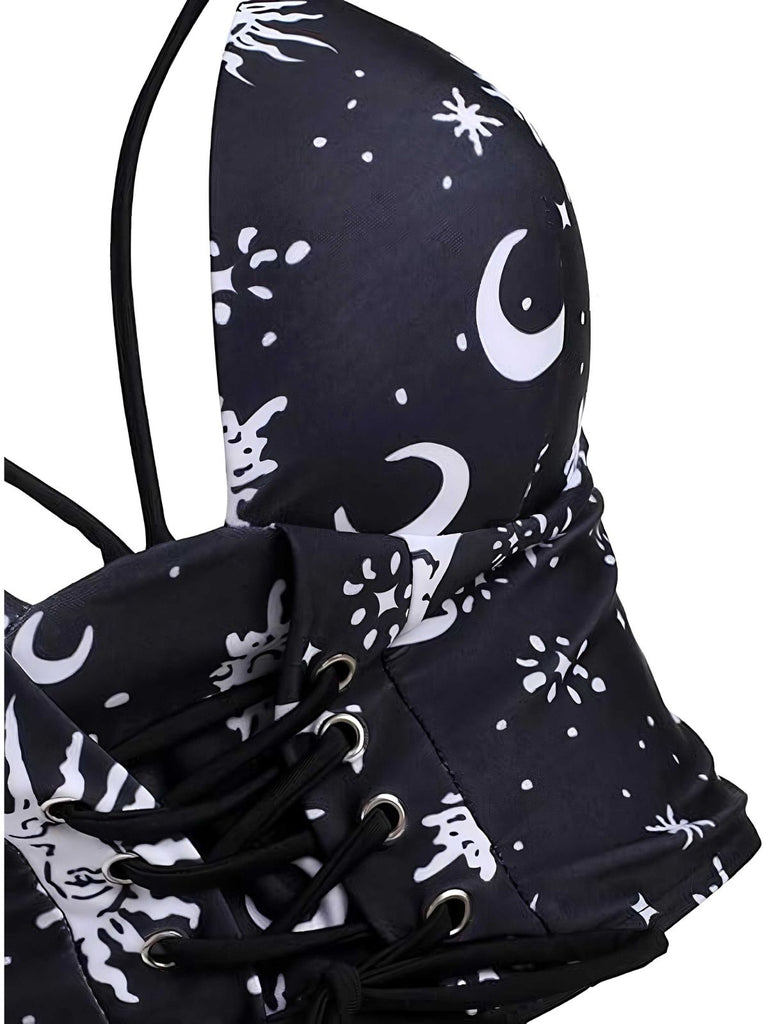 Set bikini gotico stampa galassia spalline nero anni '80