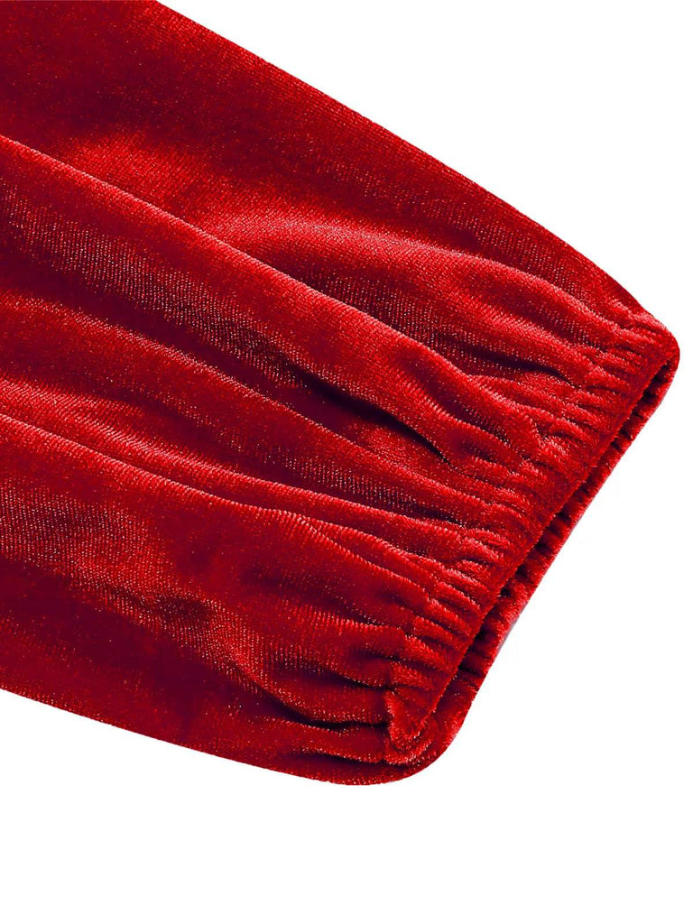 Abito natalizio in velluto con scollo quadrato e maniche lunghe anni '50