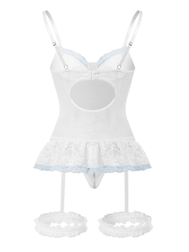 Completo intimo con lacci e fiocco in pizzo a contrasto anni '70