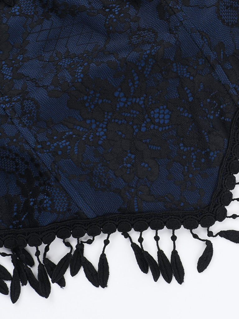 Top in pizzo con spalle scoperte e nappe Halloween blu anni '30