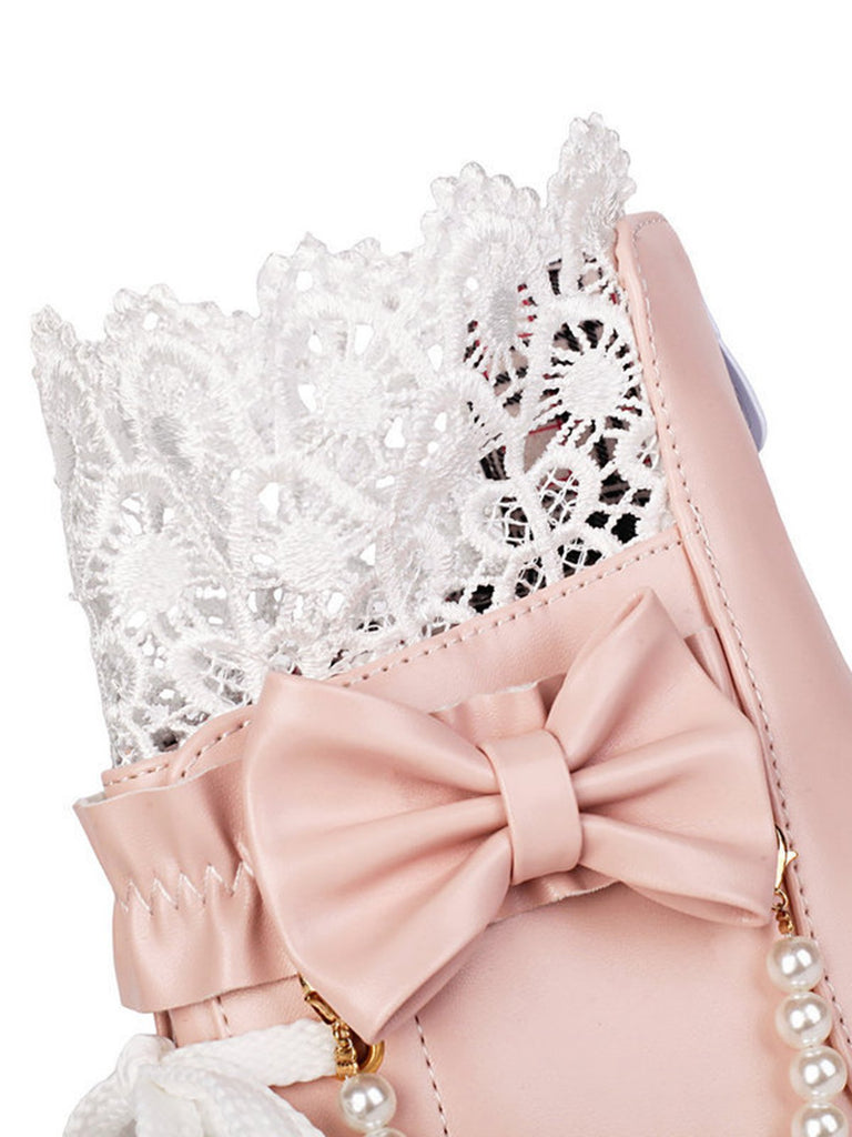 Stivali con tacco grosso e fiocco di perline e pizzo