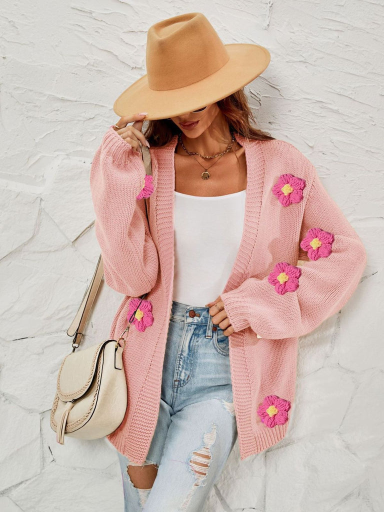 Cardigan a maglia con fiori 3D e maniche lunghe anni '30