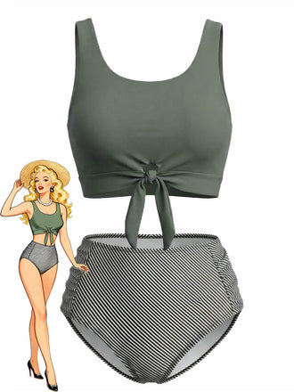 Set Tankini  Anni '40 Verde Oliva con Nodo Davanti a Vita Alta