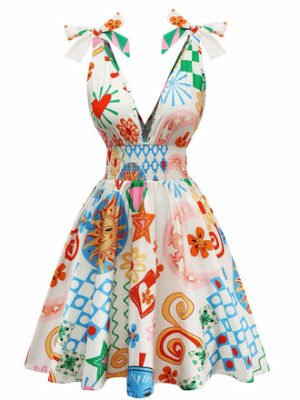 Abito boho con scollo a V profondo senza maniche arricciato anni '70