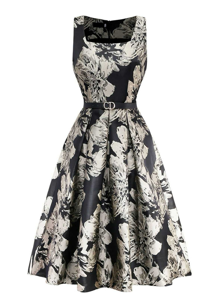 Abito jacquard floreale con cintura nero anni '50