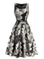 Abito jacquard floreale con cintura nero anni '50