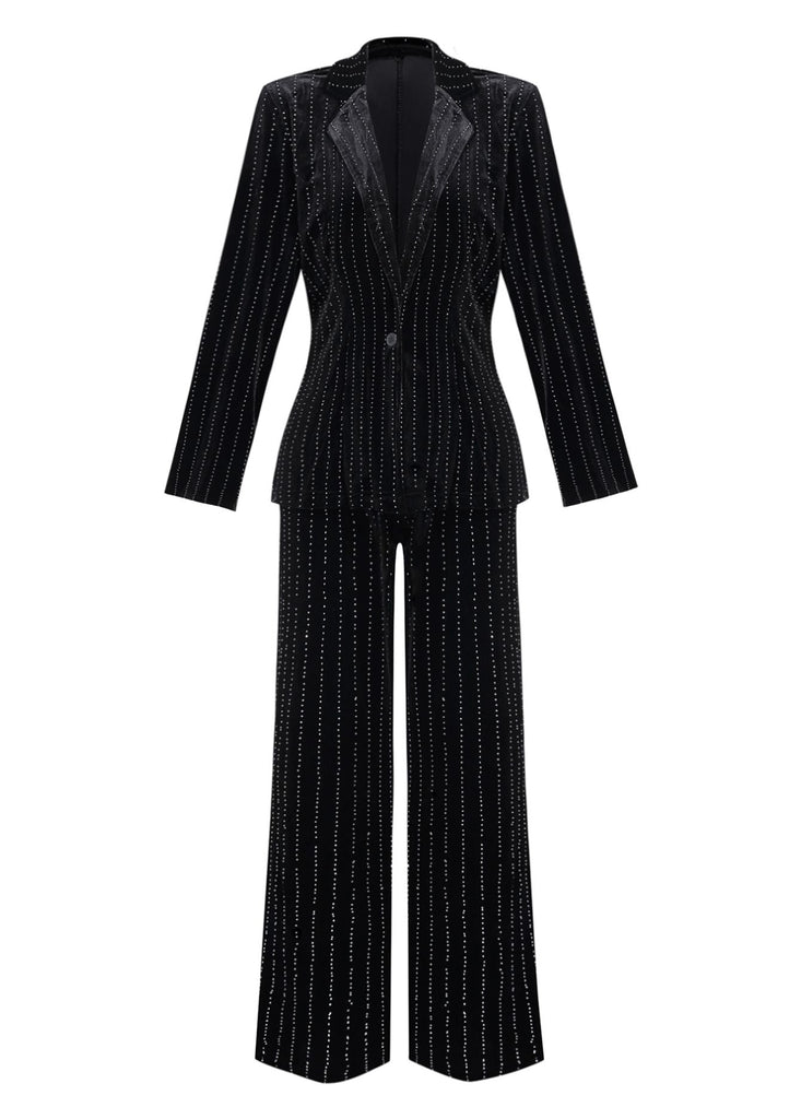 2PCS Completo blazer e pantaloni in velluto con paillettes nero anni '60