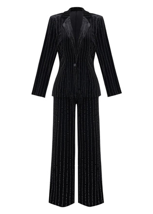 2PCS Completo blazer e pantaloni in velluto con paillettes nero anni '60