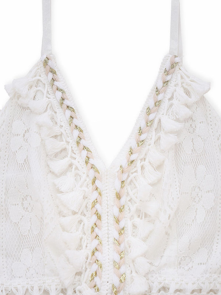 Abito lungo in pizzo boho con scollo a V bianco anni '70