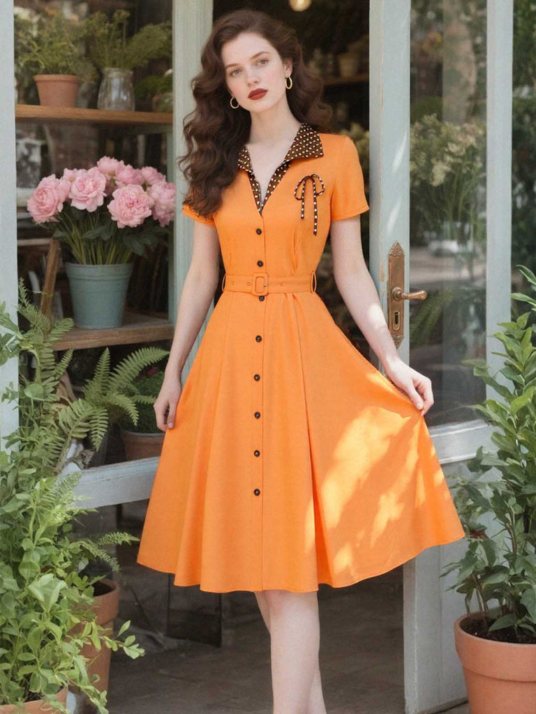 [Prevendita] Abito in cotone a pois con fiocco arancione anni '40