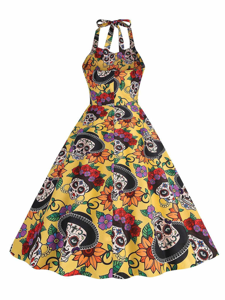 [Prevendita] Abito con teschio hippie e fiocco giallo anni '50
