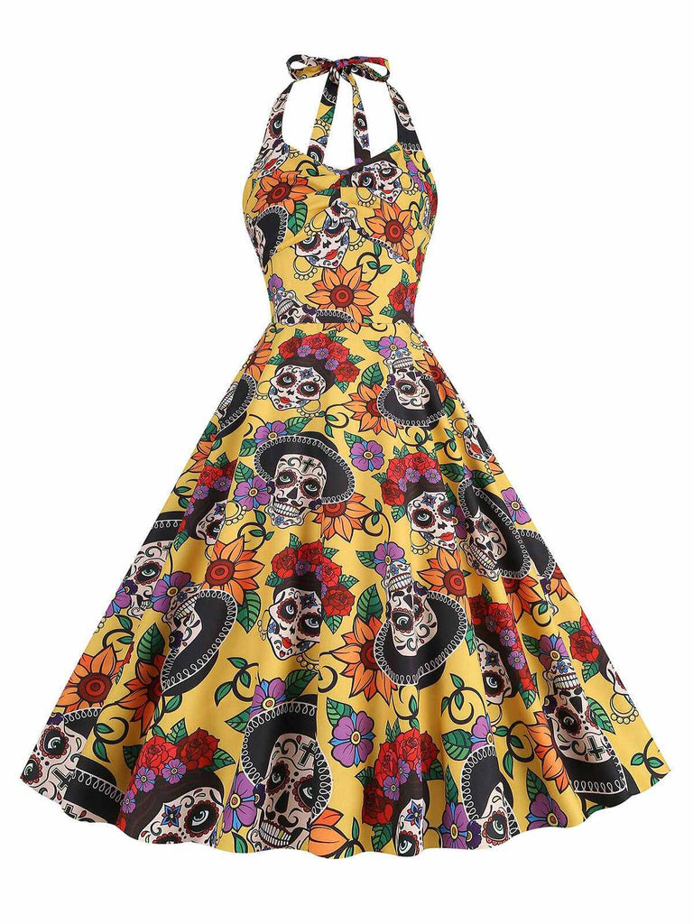 [Prevendita] Abito con teschio hippie e fiocco giallo anni '50