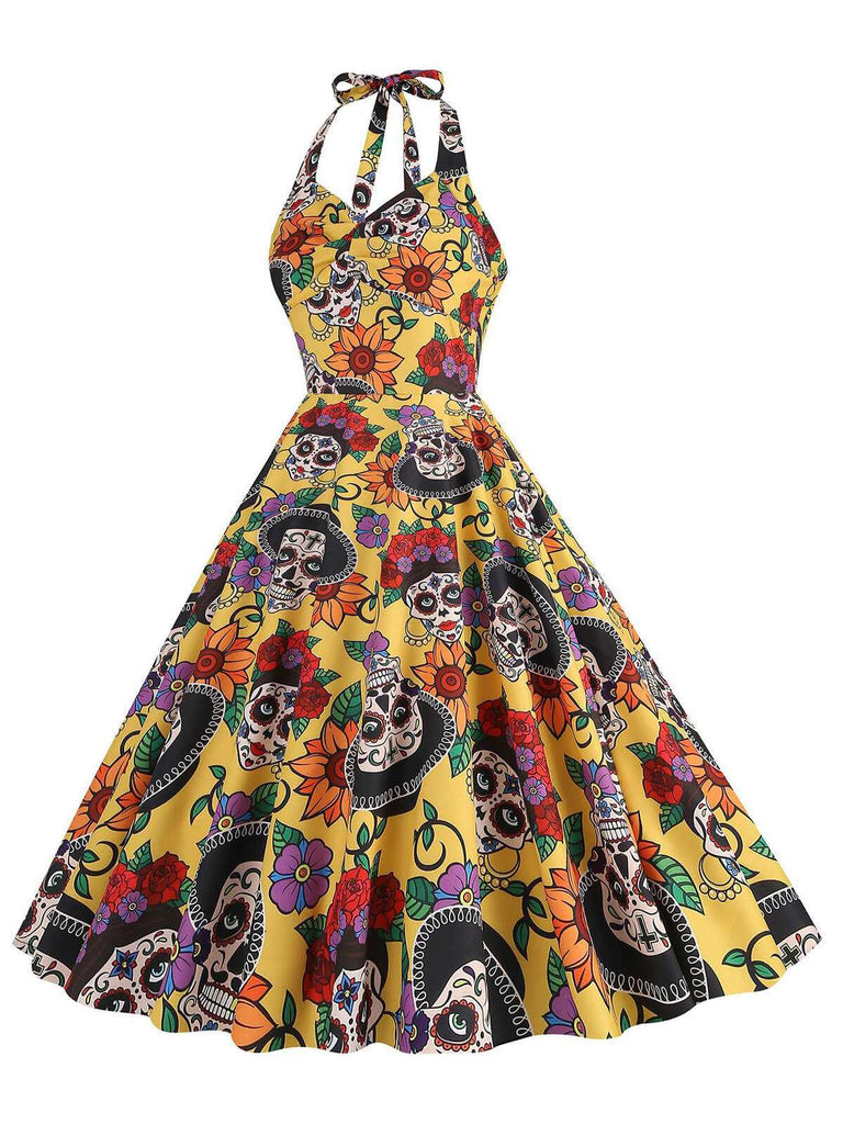 [Prevendita] Abito con teschio hippie e fiocco giallo anni '50