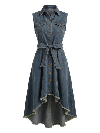 Abito Azzurro Senza Maniche High-Low Hem in Denim Anni '50
