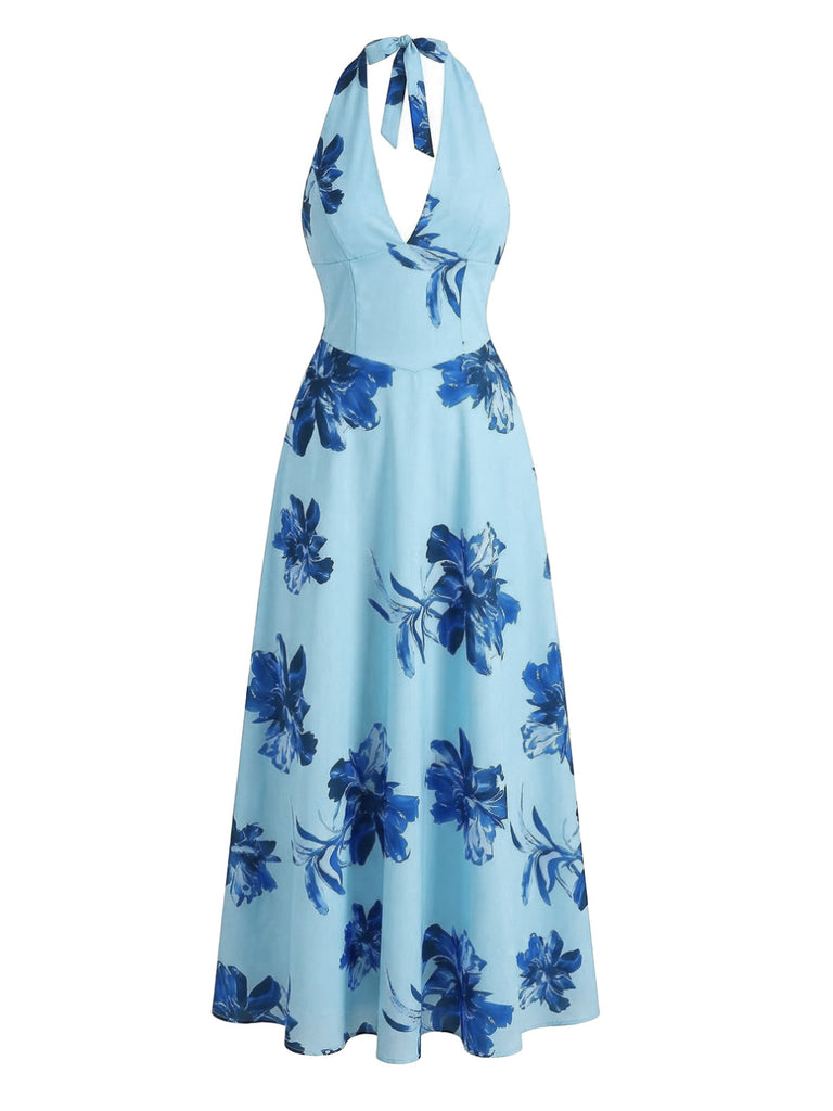 Abito-BLU-Anni '30-Floreale-in-Pizzo-con-Scollo-All'americana