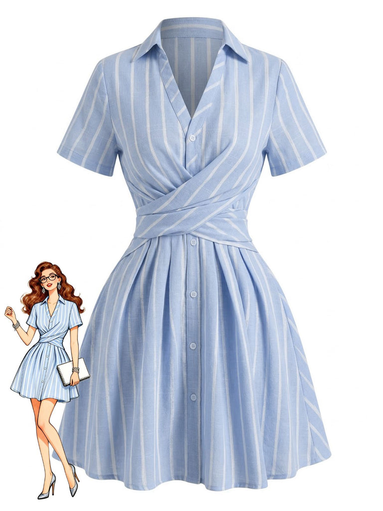 Vertical Righe Johnny Collar Criss-Cross Abito Blu Anni '50