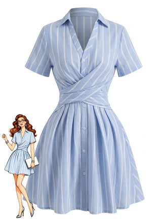 Vertical Righe Johnny Collar Criss-Cross Abito Blu Anni '50