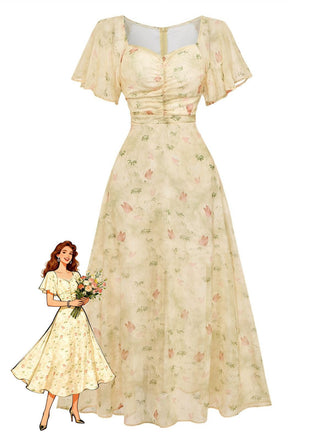 Abito-Giallo-Anni '30-in-Chiffon-con-Farfalla-e-Maniche-a-Volant 