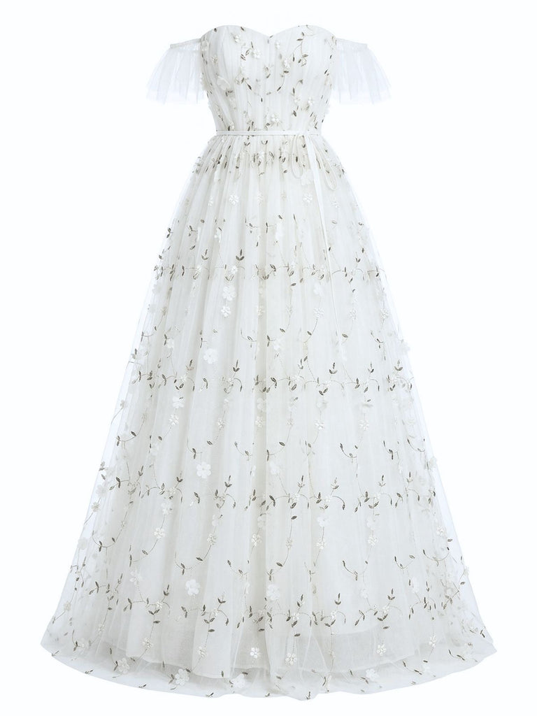 Abito-Lungo-Bianco-Anni '30-Ricamo-Floreale-a-Spalle-Scoperte
