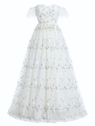 Abito-Lungo-Bianco-Anni '30-Ricamo-Floreale-a-Spalle-Scoperte