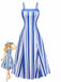 Abito-Midi-Blu-e-Bianco-Anni '50-a-Righe-con-Spalline-Sottili