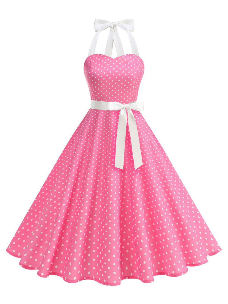Abito-a-Ruota-Rosa-Anni '50-a-Pois-con-Scollo-All'americana