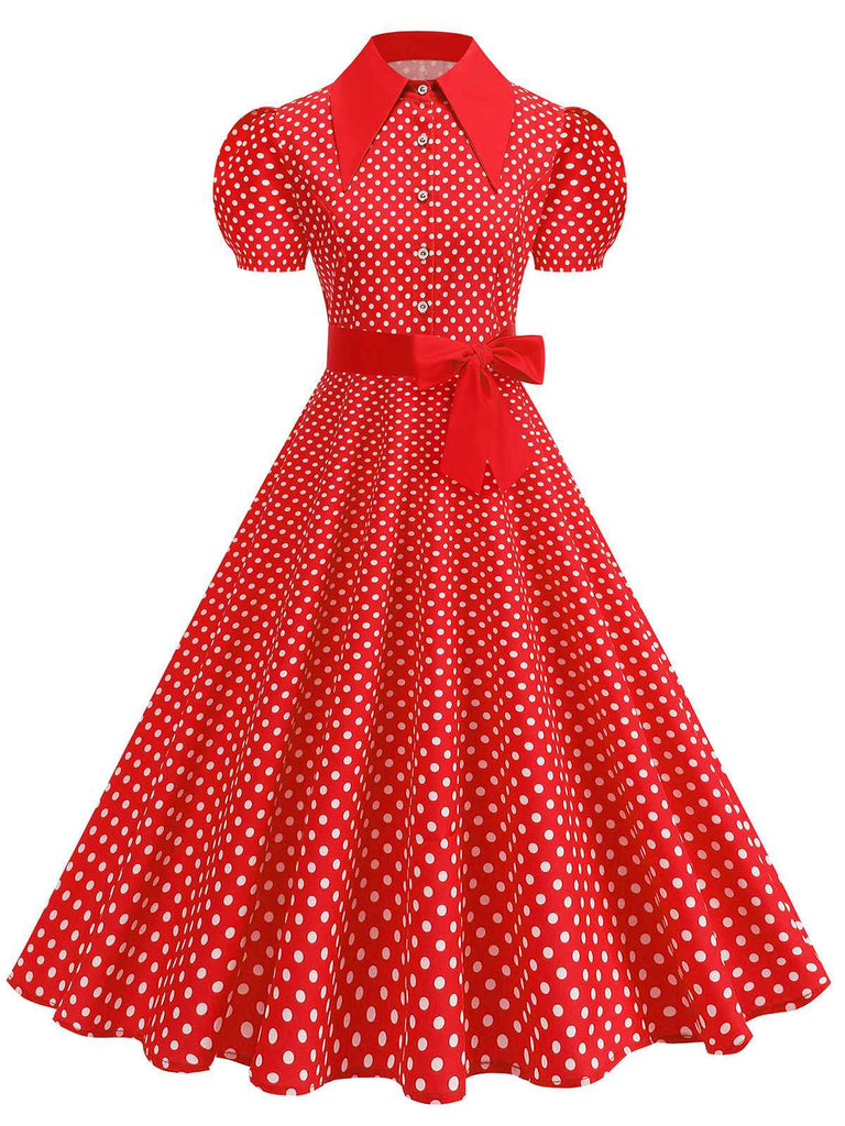 Abito-a-ruota-anni '50-a-pois-con-colletto-a-camicia-e-cintura