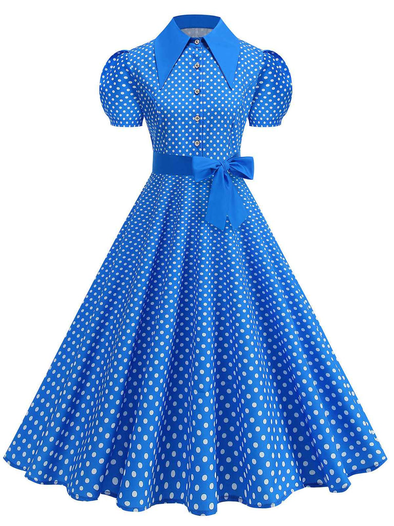 Abito-a-ruota-blu-anni '50-a-pois-con-colletto-a-camicia-e-cintura