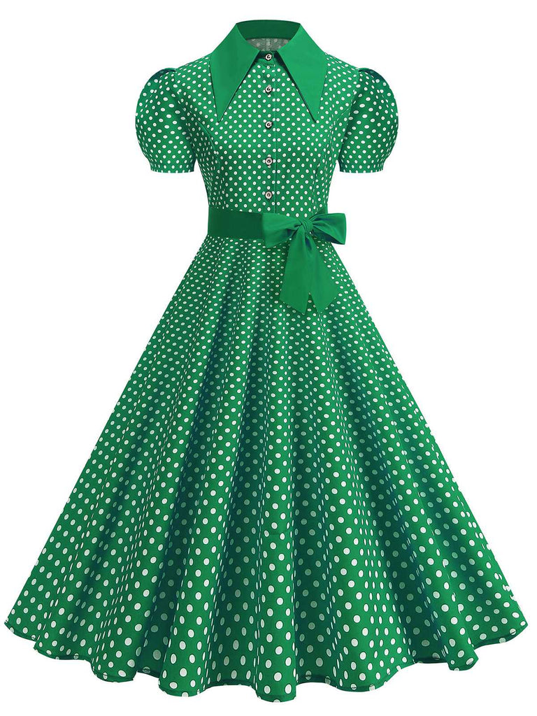 Abito-a-ruota-verde-anni '50-a-pois-con-colletto-a-camicia-e-cintura
