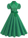 Abito-a-ruota-verde-anni '50-a-pois-con-colletto-a-camicia-e-cintura