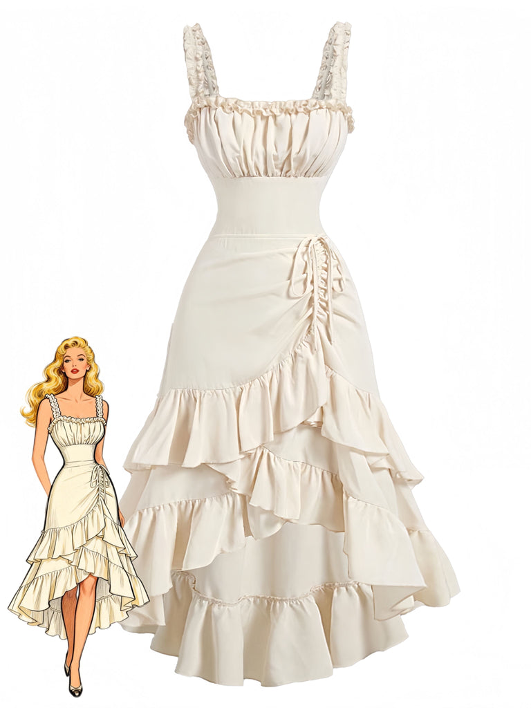 Abito-beige-anni '80-tinta-unita-con-orlo-a-balze-e-bretelle